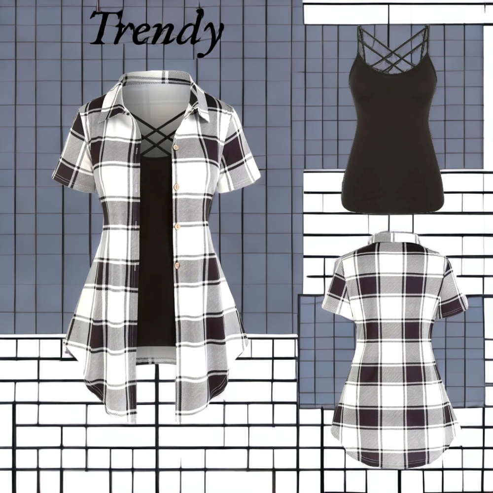 NWT!! Trendy Black and White Plaid Outfit with Black Cami Tank Top!!๐คโ ๏ธ๐ค - Picture 1 of 16